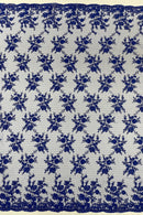 Floral Cluster Corded Fabric - Royal Blue - Fancy Flower Embroidery Lace Mesh Fabric By Yard