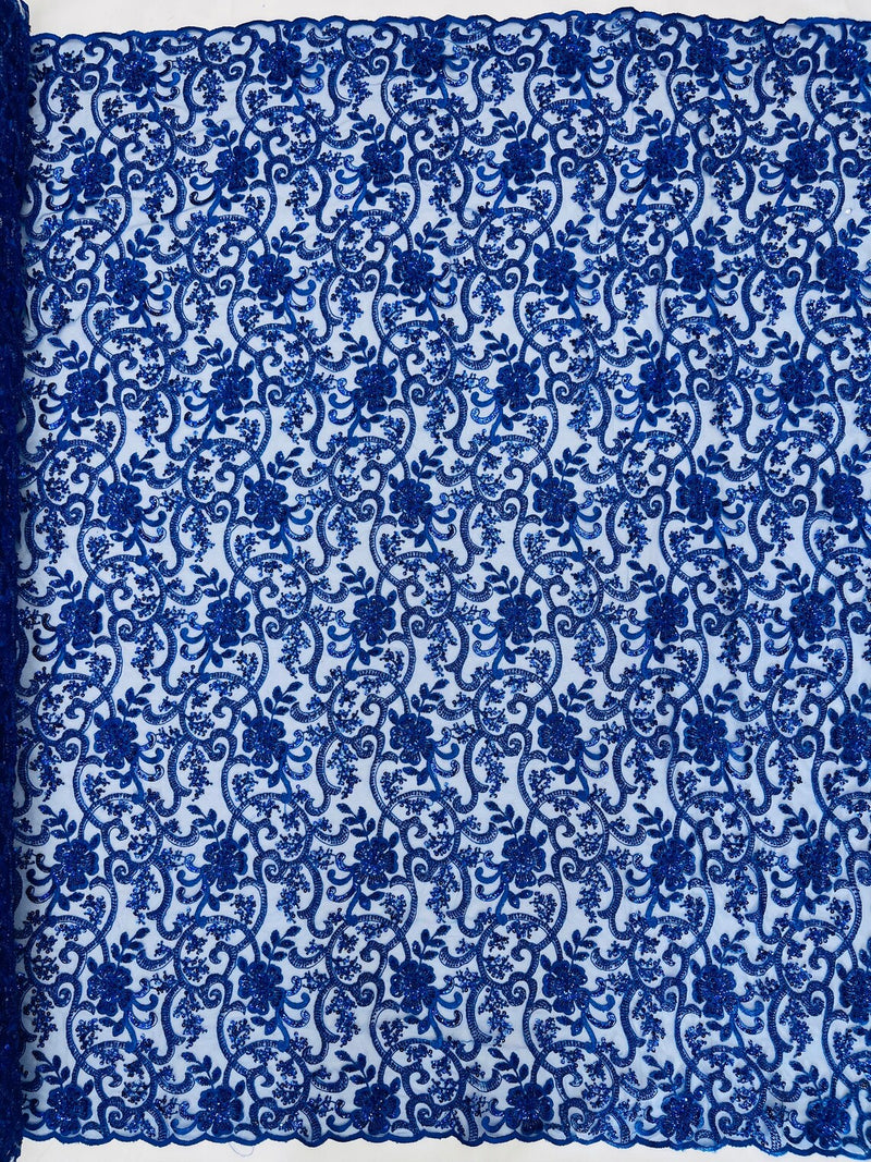 Embroidery Beaded Fabric - Royal Blue - Beaded Floral Bridal Embroidery Fabric Sold by the yard