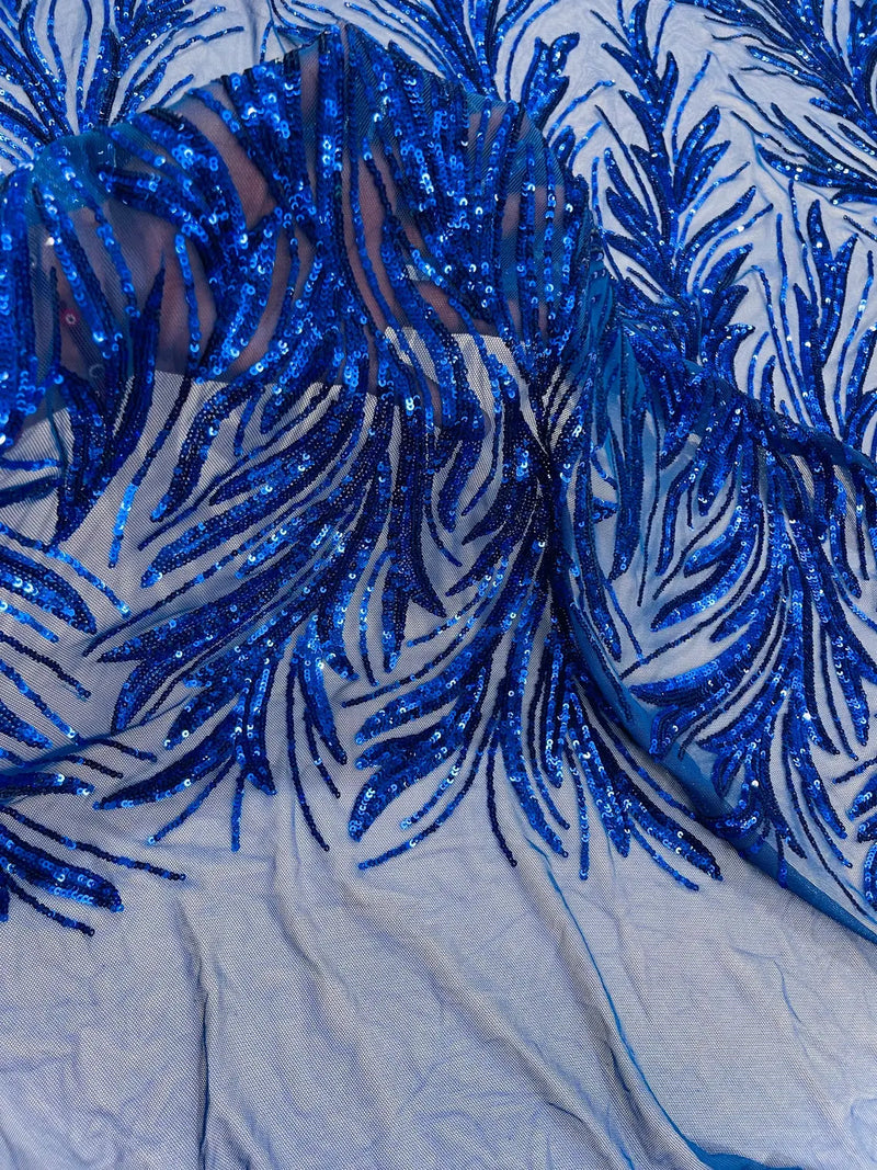 Leaf Stretch Sequins Fabric - Royal Blue - 4 Way Stretch Sequins on Lace Mesh Fabric by Yard