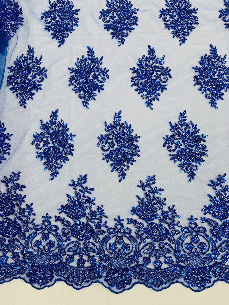 Heavy Bridal Lace Fabric - Royal Blue - Floral Beaded Heavy Lace Fabric Sold by Yard