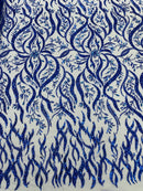 Floral & Leaf Pattern Bead Fabric - Royal Blue - Embroidered Beaded Rhinestone on a Mesh, Sold By Yard