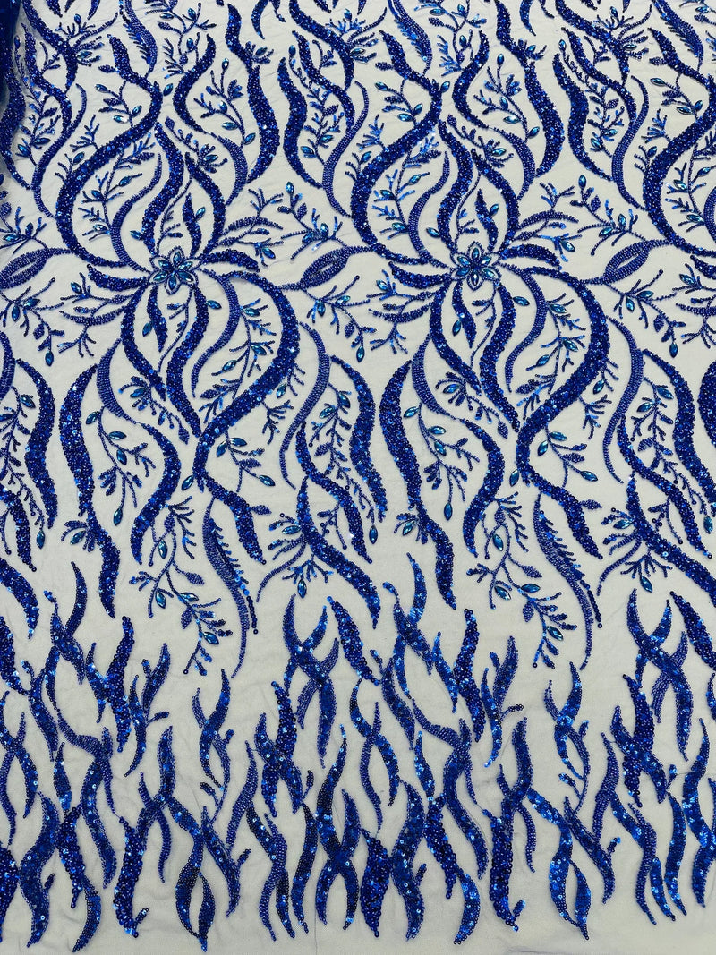 Floral & Leaf Pattern Bead Fabric - Royal Blue - Embroidered Beaded Rhinestone on a Mesh, Sold By Yard