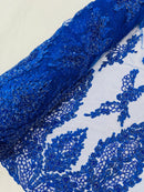 Beaded Floral Fabric - Royal Blue - Luxury Bridal Floral Pattern Fabric With Beads, Sequins Sold By Yard