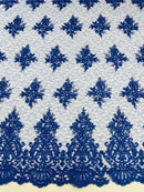 Floral Damask Corded Fabric - Royal Blue - Embroidered Floral Design with Damask Border By Yard