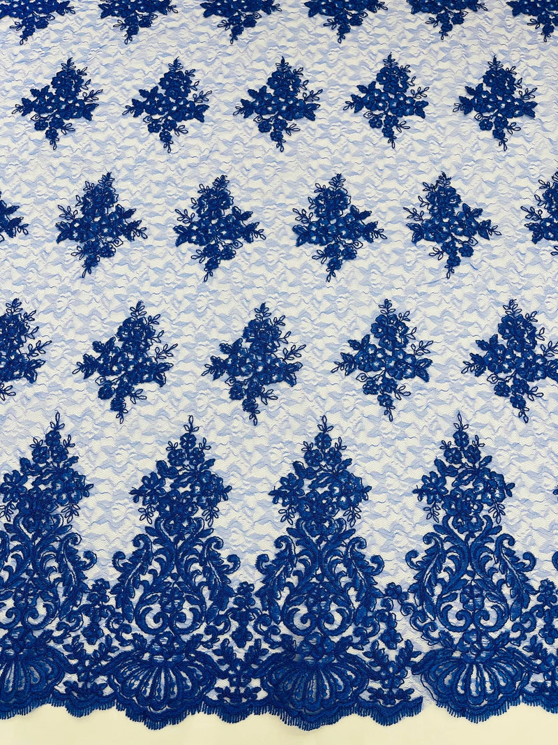 Floral Damask Corded Fabric - Royal Blue - Embroidered Floral Design with Damask Border By Yard