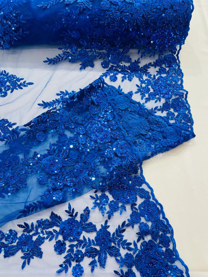 Royal blue beaded lace fabric deals