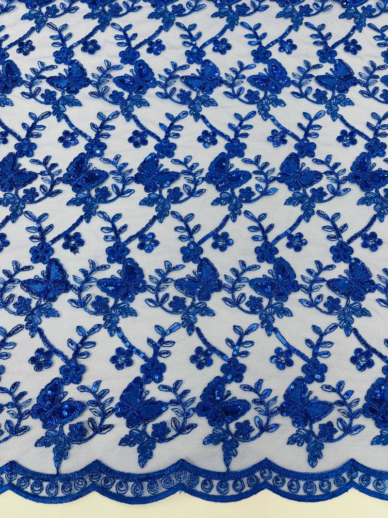 Metallic Floral Butterfly Fabric - Royal Blue - Embroidered Floral Butterfly Design Mesh Fabric by Yard