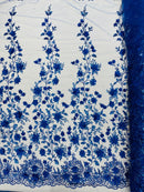 3D Glitter Floral Fabric - Royal Blue - Glitter Sequin Flower Design on Lace Mesh Fabric by Yard