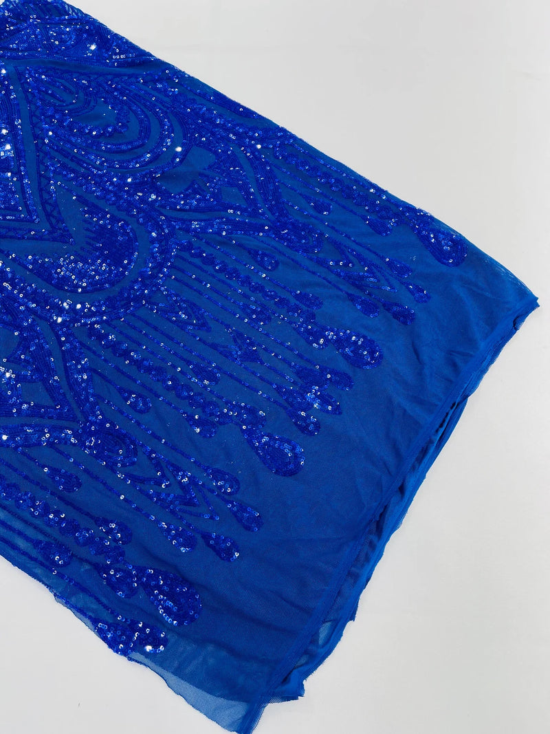 Zig Zag Tear Drop Sequins - Royal Blue - Embroidered Zig Zag Sequins 4 Way Stretch By Yard