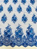 3D Floral Fabric with Pearls - Royal Blue - Embroidered Flower and Leaf Patterns on Lace Fabric by Yard