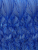 Curvy Design Sequins Fabric - Royal Blue - 4 Way Stretch Curvy Sequins Design Mesh Fabric by Yard