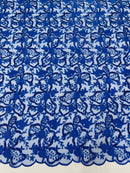 Flower Plant Sequins Fabric - Royal Blue - Embroidered Sequins On Flower Pattern Lace By Yard