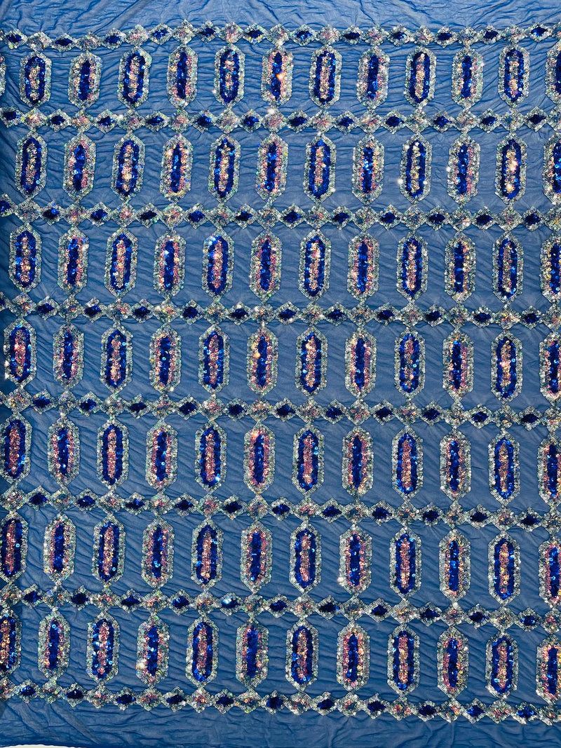 Geometric Stretch Sequin - Royal Blue - Fancy Gem Design on Mesh By Ya