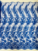 3D Floral Leaf Line Panels - Royal Blue - 3D Embroidered Flower Lines with Pearls on Lace By Yard