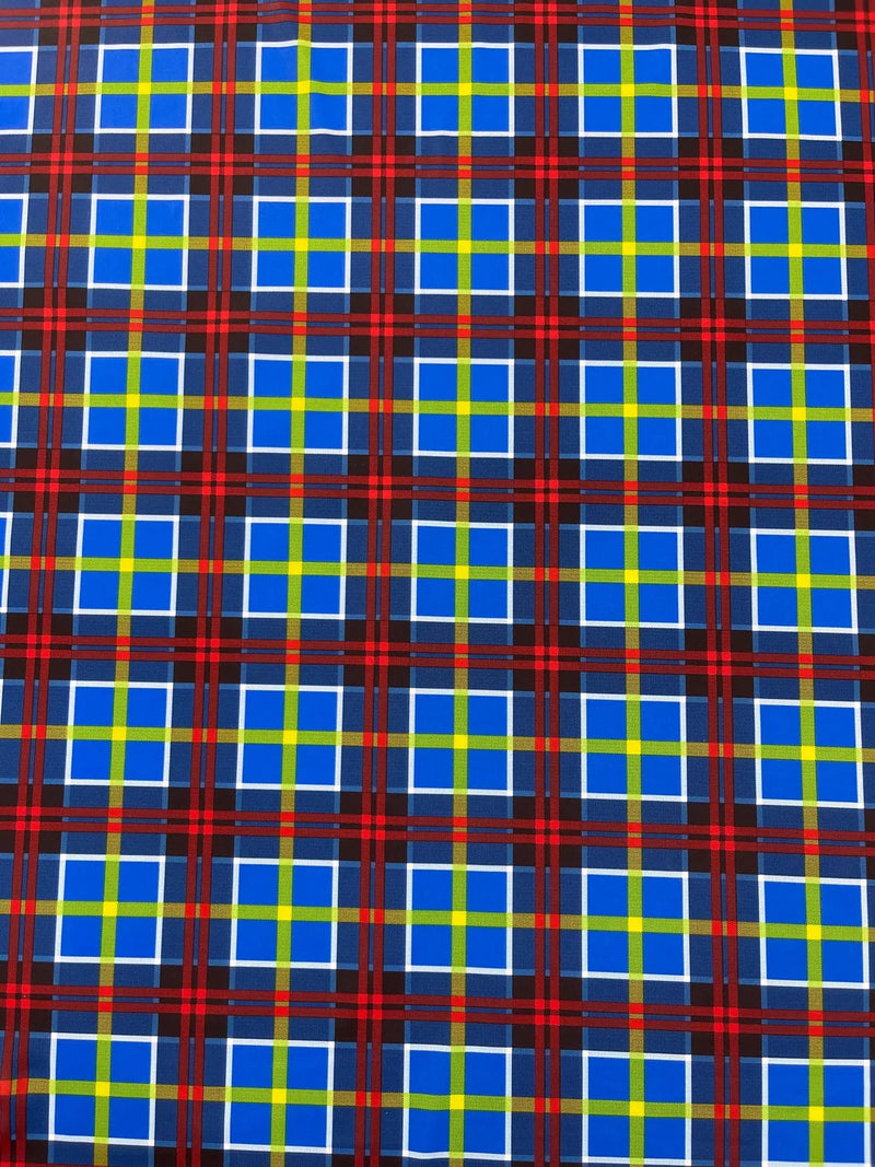 58-60" Plaid Print Milliskin Fabric - Royal Blue - Spandex 4 Way Stretch Plaid Fabric Sold by Yard