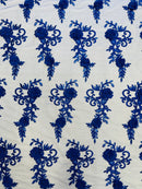 3D Floral Cluster with Border Lace - Royal Blue - Flower with Leaves Design 3D Fabrics Sold By Yard