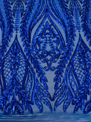 Mermaid Design Fabric - Royal Blue - 4 Way Stretch Sequins Fabric on Lace Mesh Sold By Yard