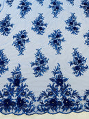 3D Rhinestone Flower Fabric - Royal Blue - 3D Flower Beaded Clusters with Sequins and Rhinestones By Yard