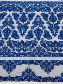My Lady Beaded Fabric - Royal Blue - Damask Beaded Sequins Embroidered Fabric By Yard
