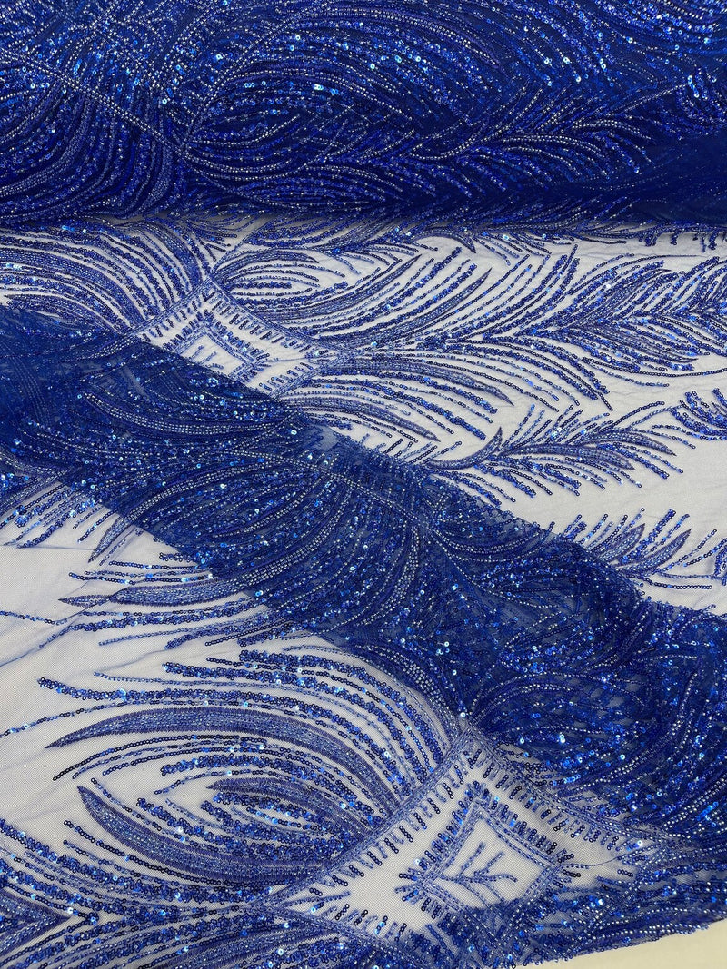 Beaded Line Fabric - Royal Blue - Luxury Bridal Line Pattern Fabric With Beads, Sequins Sold By Yard