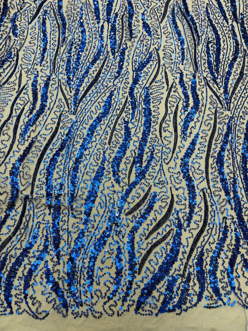 Wavy Leaf Lines Fabric - Royal Blue - Beaded Sequins Leaf Pattern Embroidered On Mesh By Yard