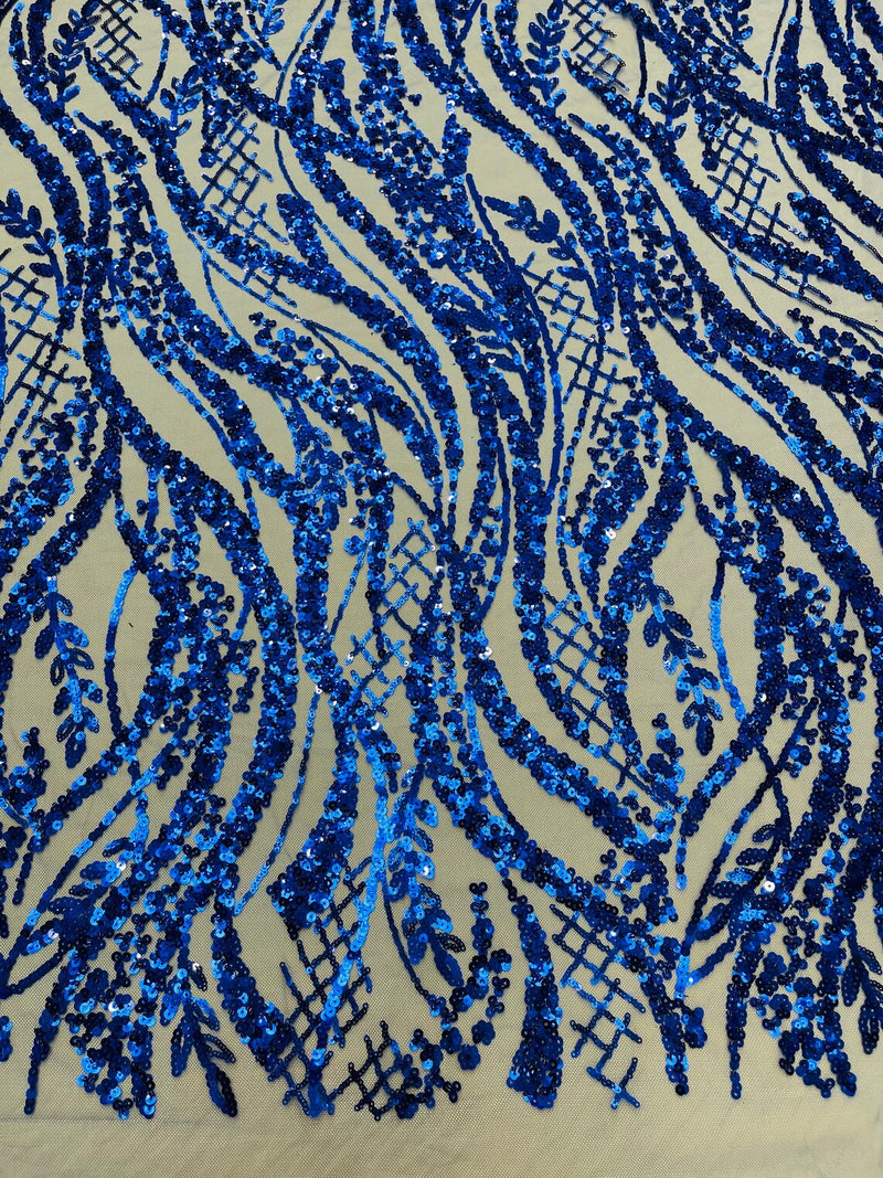 Wavy Floral Beaded Fabric - Royal Blue  - Geometric Beaded Sequins Embroidered Fabric Sold By Yard