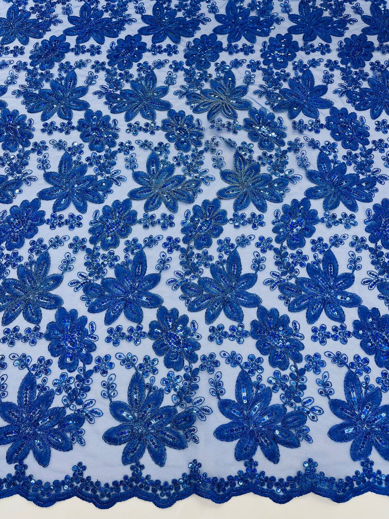 Metallic Floral Lace Fabric - Royal Blue  - Hologram Sequins Floral Metallic Thread Fabric by Yard