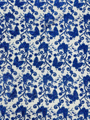 Butterflies Swirl Design - Royal Blue - Metallic Sequins Butterflies on Lace Fabric By Yard