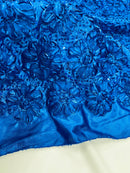 Sequins Satin Rosette Fabric - Royal Blue - 3D Satin Rose Sequins Floral Fabric Sold By The Yard