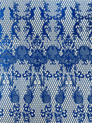 Damask Diamond Net Lace Fabric - Royal Blue - Damask Design Embroidered on Lace Mesh Fabric by Yard