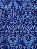 Heart Shape Sequins Fabric - Royal Blue - 4 Way Stretch Sequins Damask Fabric By Yard