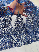 Fancy Rhinestone Glitter Fabric - Royal Blue - Embroidered Damask Design Glitter Mesh Fabric by Yard