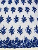 Flower Lace Sequins Fabric - Royal Blue - Embroidered Floral Pattern Fabric with Sequins on Lace By Yard