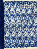 Flower Lines Bead Fabric - Royal Blue - Beaded Flower Fabric with Curled Long Lines Pattern By Yard