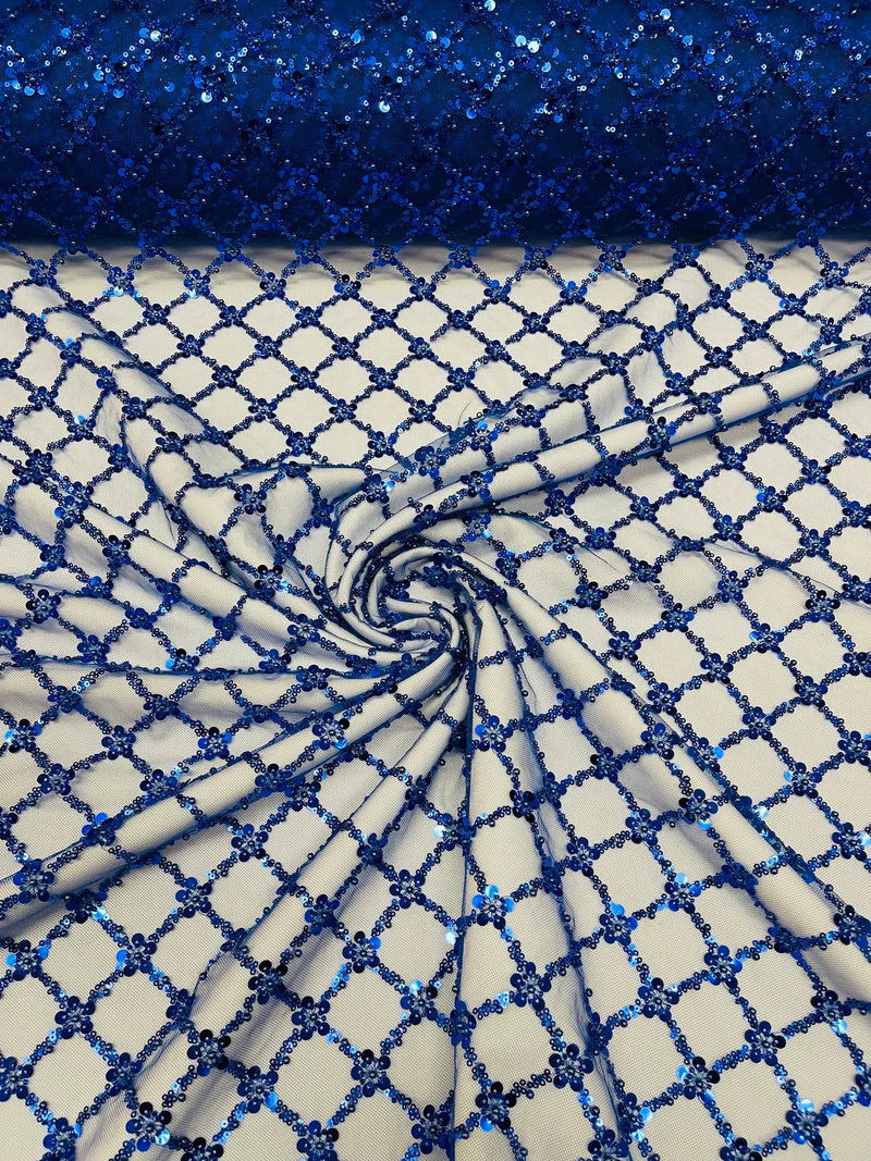 Diamond Net Bead Fabric - Royal Blue - Geometric Embroidery Beaded Sequins Fabric Sold By The Yard