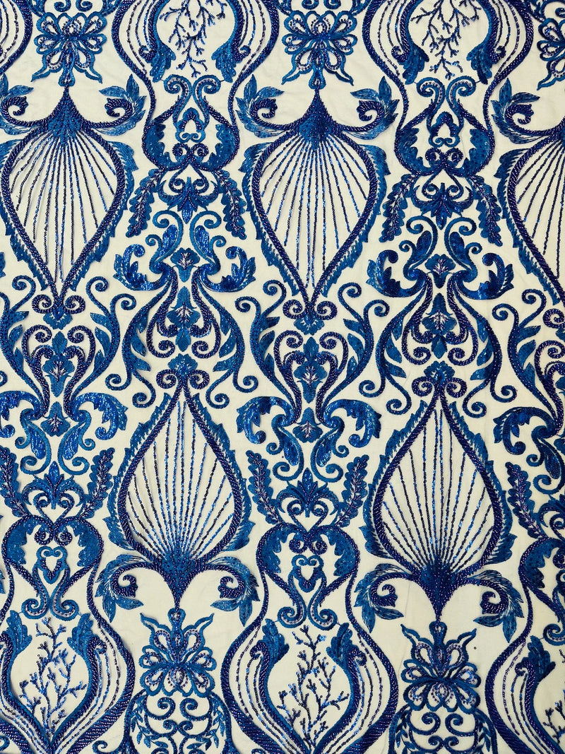 Leaf Damask Bead Fabric - Royal Blue - Embroidered Sequins Heavy Beaded Lace Fabric by Yard