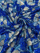 Orchid Flower Sequins Design - Royal Blue - Embroidered 4 Way Stretch Full Of Sequins Fabric Sold By Yard