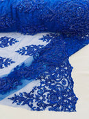 Embroidered Bead Fabric - Royal Blue - Floral Damask Bead Bridal Lace Fabric by the yard