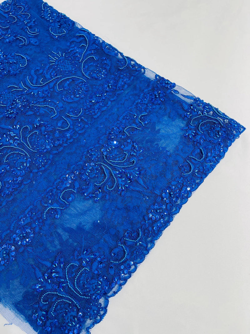 My Lady Beaded Fabric - Royal Blue - Damask Beaded Sequins Embroidered Fabric By Yard