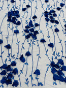3D Floral Glitter Fabric - Royal Blue - 3D Sequins and Glitter Floral Design on Mesh Sold By Yard