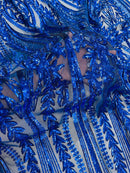 Mermaid Design Fabric - Royal Blue - 4 Way Stretch Sequins Fabric on Lace Mesh Sold By Yard