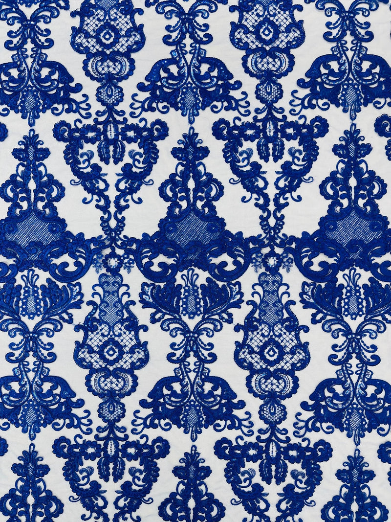 King Lace Design Fabric - Royal Blue - King Design with Sequins Embroidered On Mesh By Yard