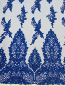 Beaded Floral Fabric - Royal Blue - Luxury Bridal Floral Pattern Fabric With Beads, Sequins Sold By Yard
