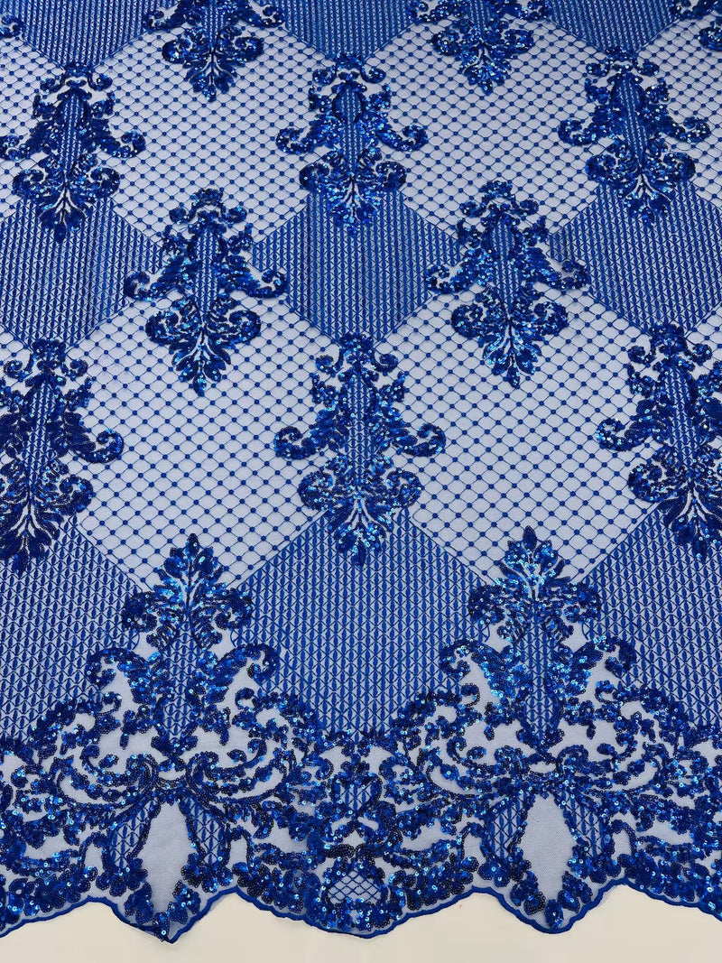 King Damask Lace Fabric - Royal Blue - Corded Embroidery with Sequins on Mesh Lace Fabric By Yard