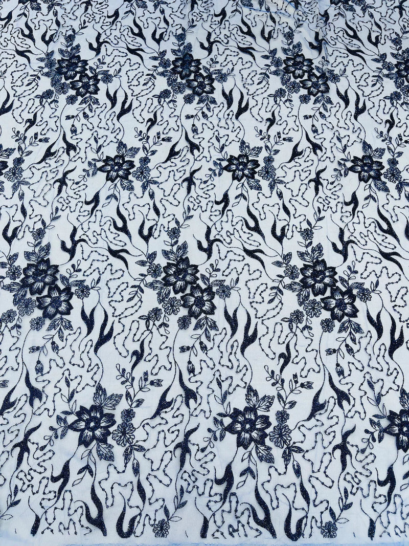 Floral Glitter Design Fabric - Royal Blue - 3D Glitter Tulle Flower Plant Design Fabric By Yard