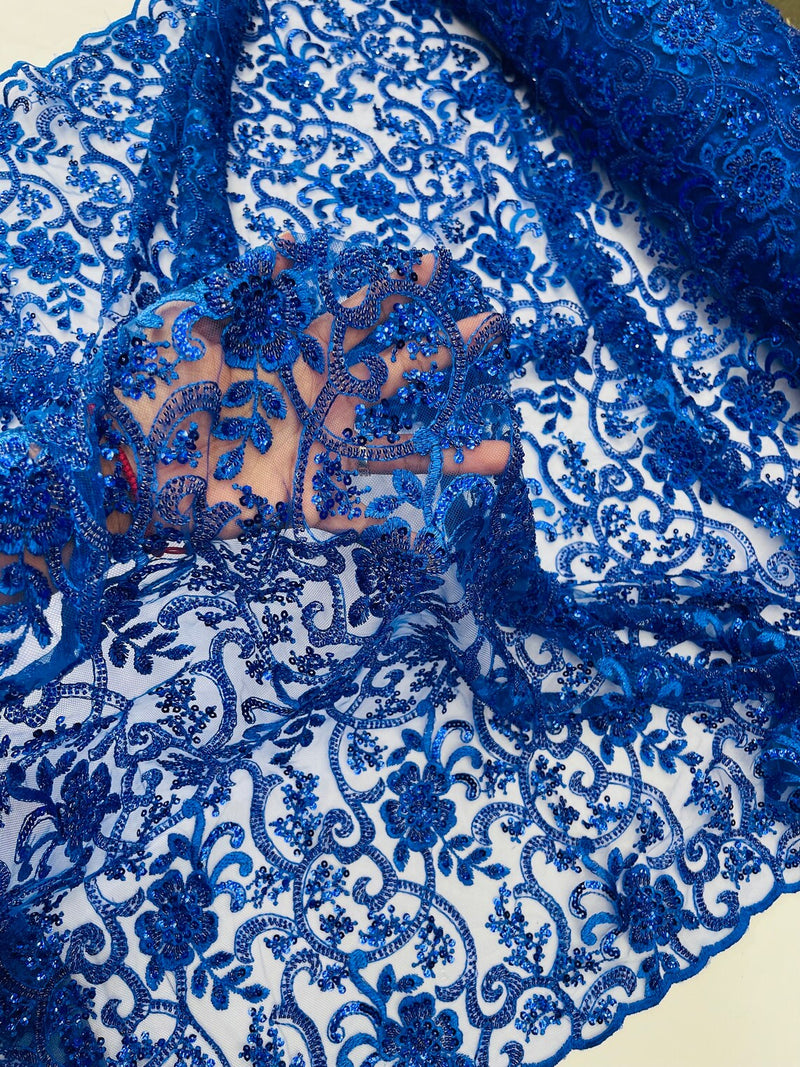 Embroidery Beaded Fabric - Royal Blue - Beaded Floral Bridal Embroidery Fabric Sold by the yard