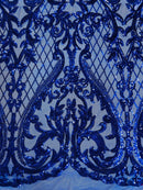 Heart Shape Sequins Fabric - Royal Blue - 4 Way Stretch Sequins Damask Fabric By Yard