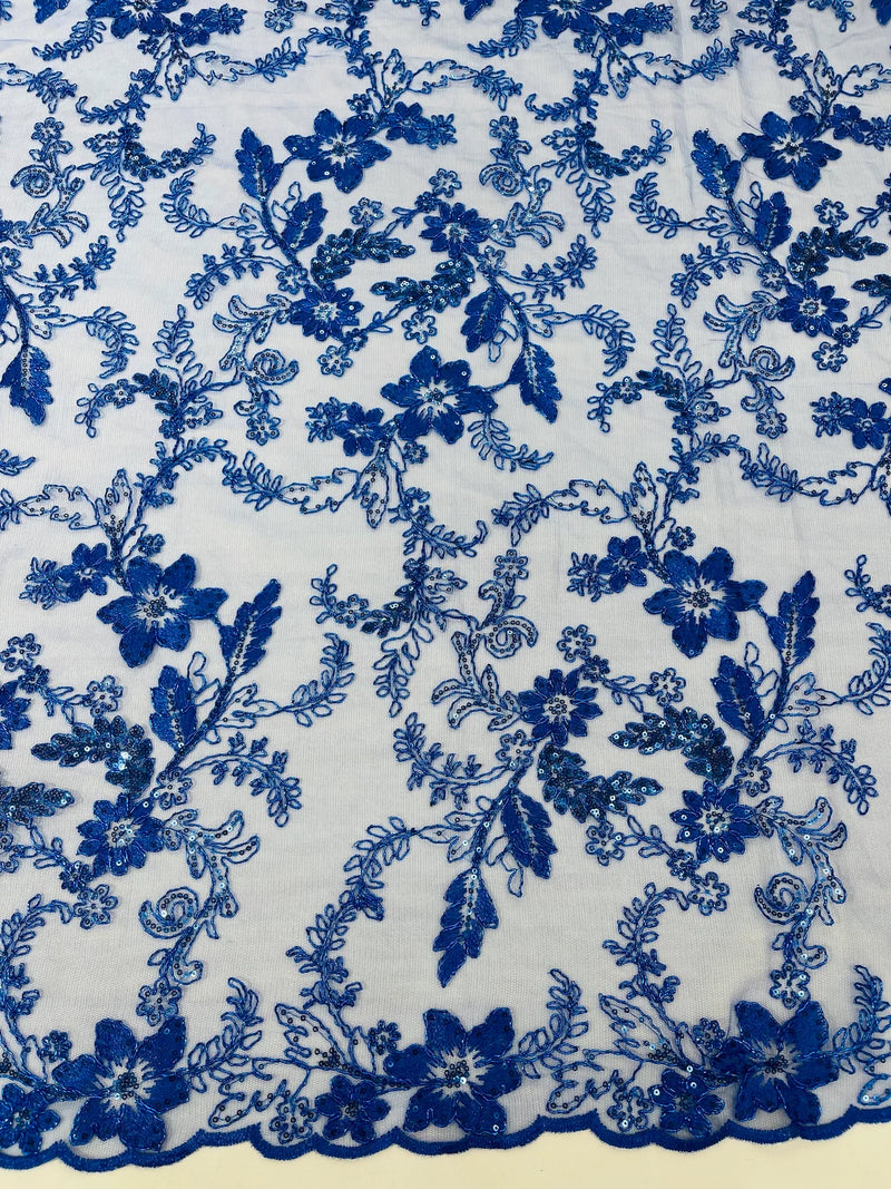 Flower Metallic Lace Fabric - Royal Blue - Corded Floral Sequins Design Fabric Embroidered on Lace by Yard