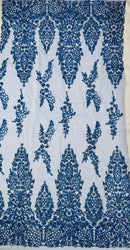 Fancy Rhinestone Glitter Fabric - Royal Blue - Embroidered Damask Design Glitter Mesh Fabric by Yard