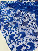 Butterflies Swirl Design - Royal Blue - Metallic Sequins Butterflies on Lace Fabric By Yard